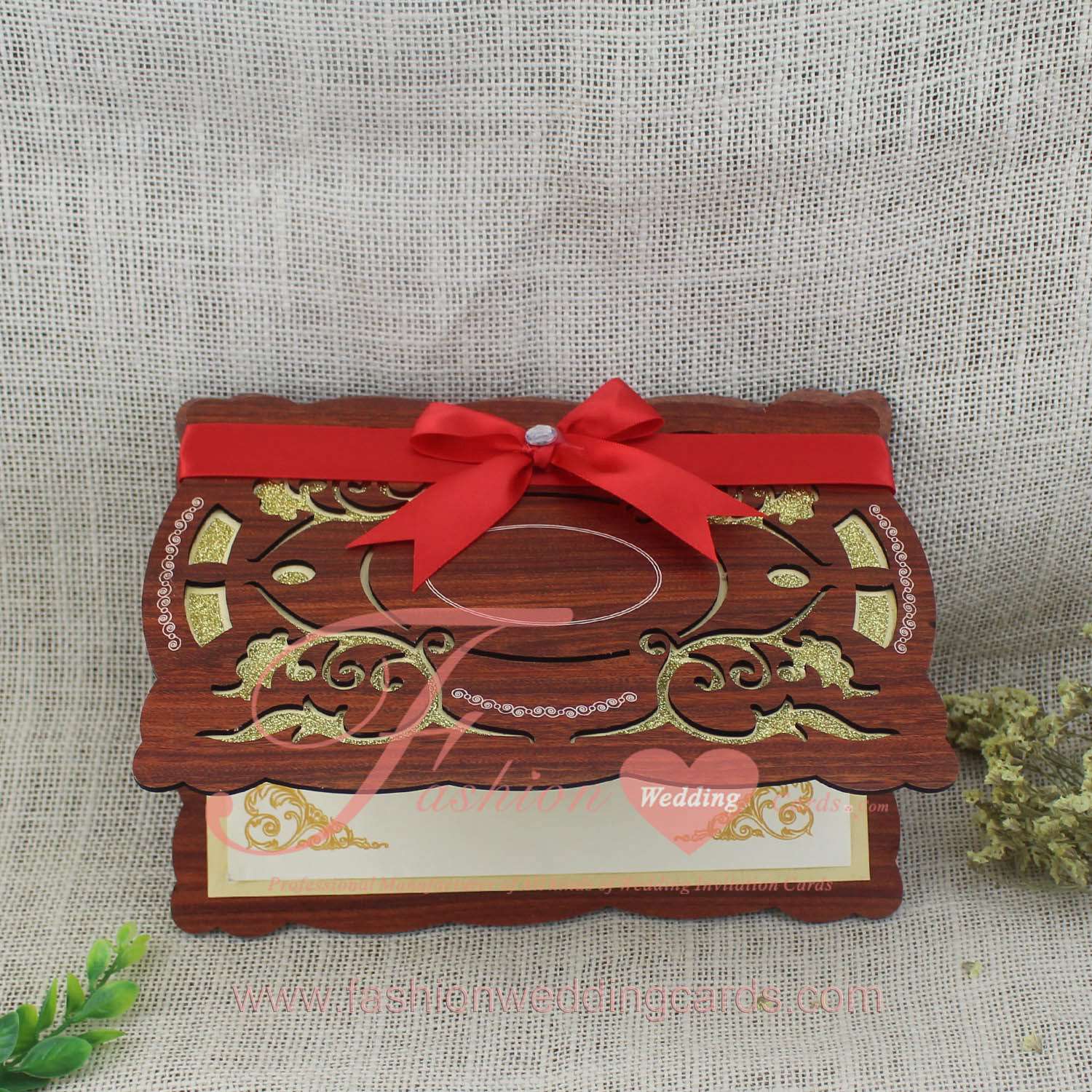 Wood Luxury Islamic Wedding Invitation Wordings with Ribbon